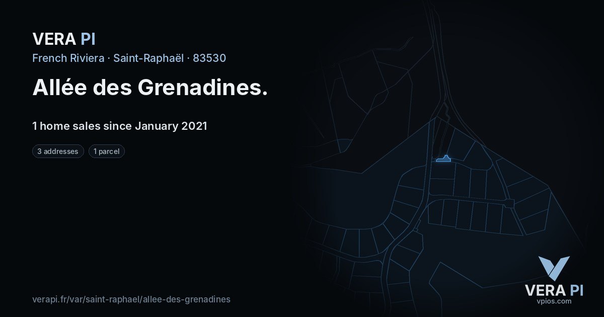 Allée des Grenadines, Saint-Raphaël at night – every parcel coloured by the prices around it, the street's own parcels lit
