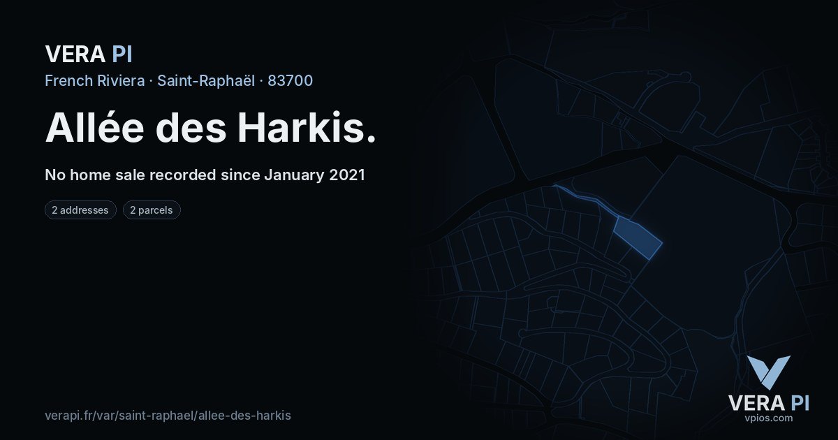 Allée des Harkis, Saint-Raphaël at night – every parcel coloured by the prices around it, the street's own parcels lit