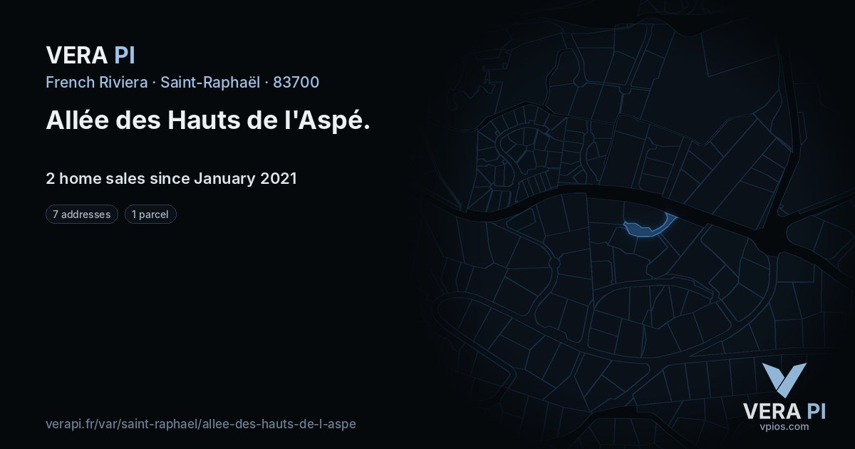 Allée des Hauts de l'Aspé, Saint-Raphaël at night – every parcel coloured by the prices around it, the street's own parcels lit