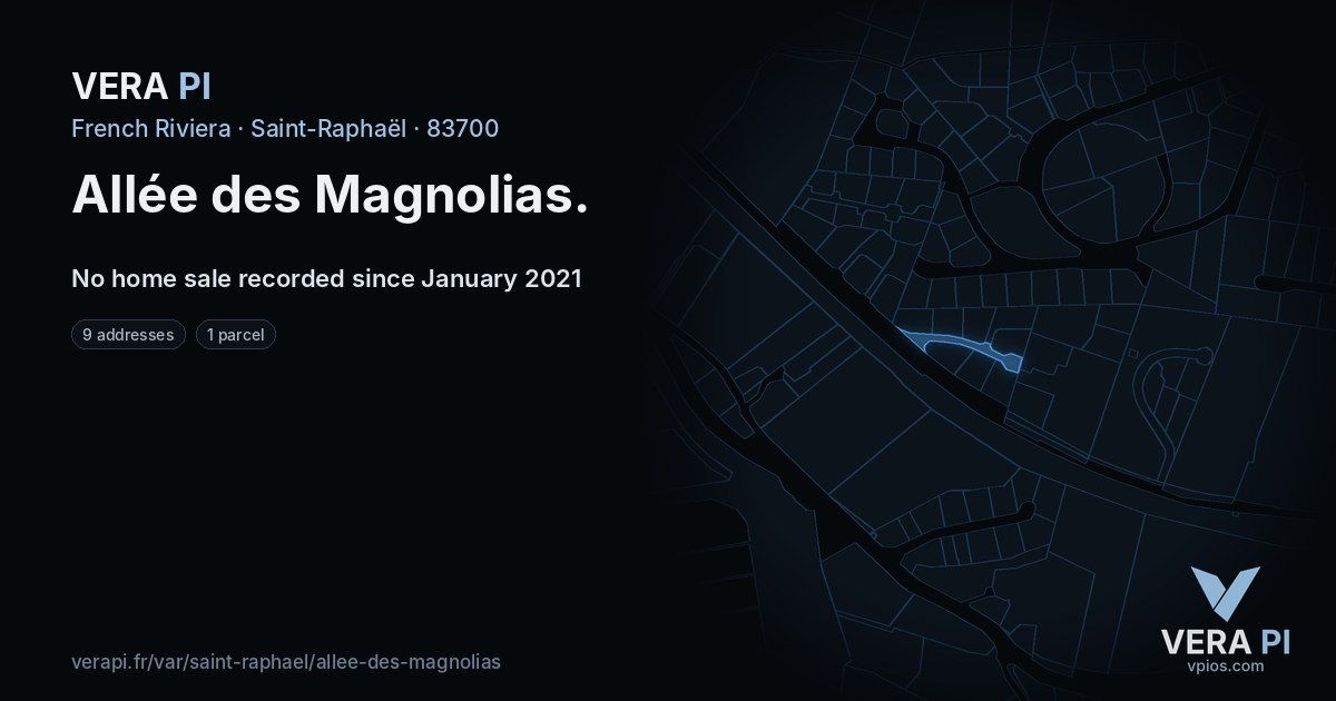 Allée des Magnolias, Saint-Raphaël at night – every parcel coloured by the prices around it, the street's own parcels lit