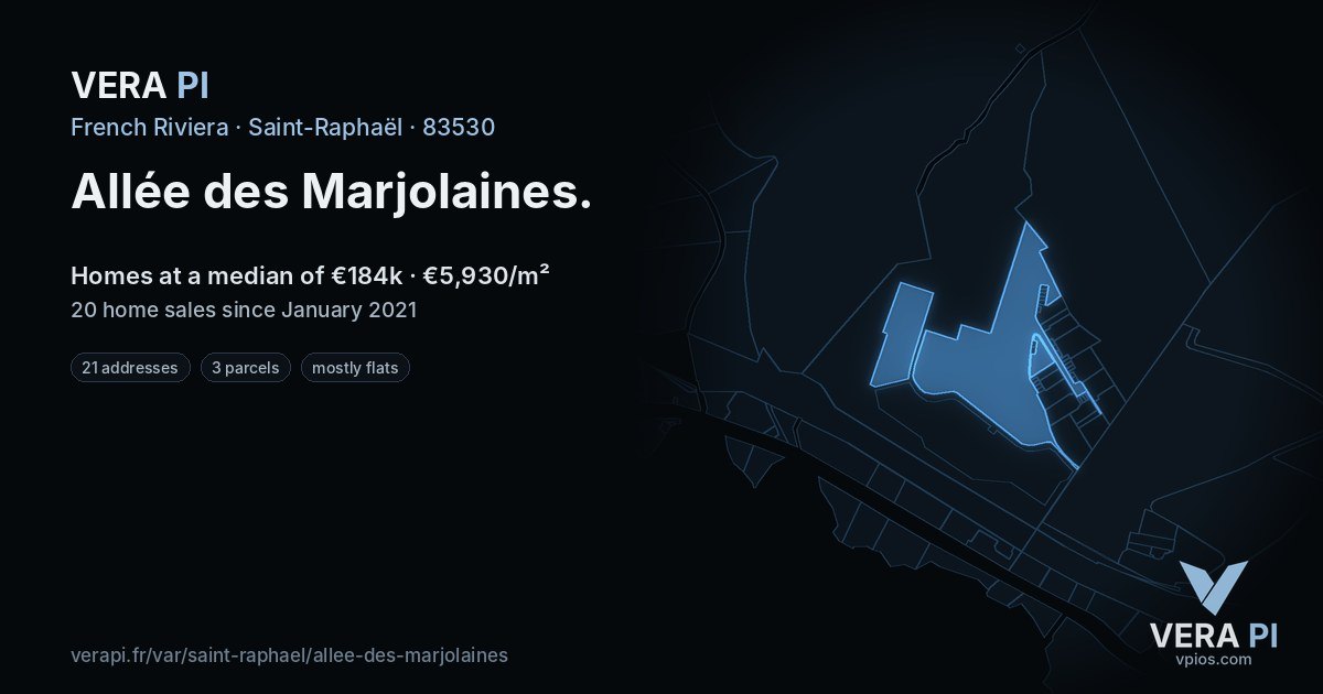 Allée des Marjolaines, Saint-Raphaël at night – every parcel coloured by the prices around it, the street's own parcels lit