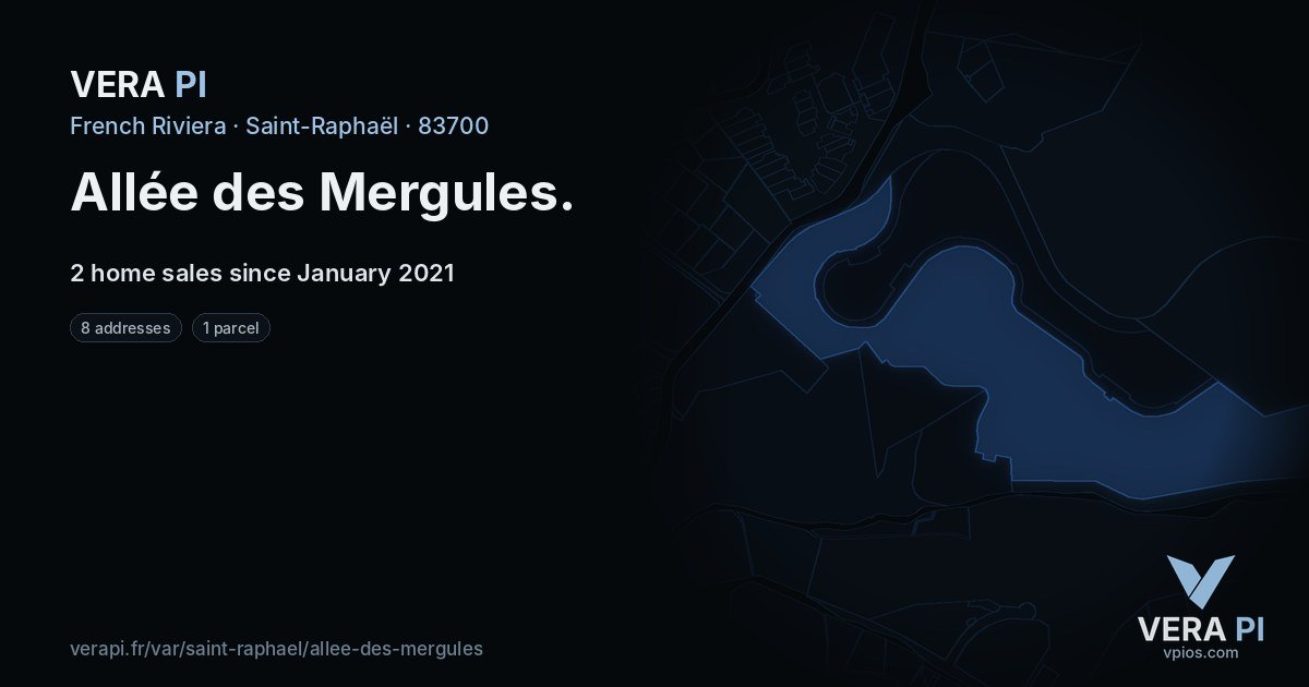Allée des Mergules, Saint-Raphaël at night – every parcel coloured by the prices around it, the street's own parcels lit