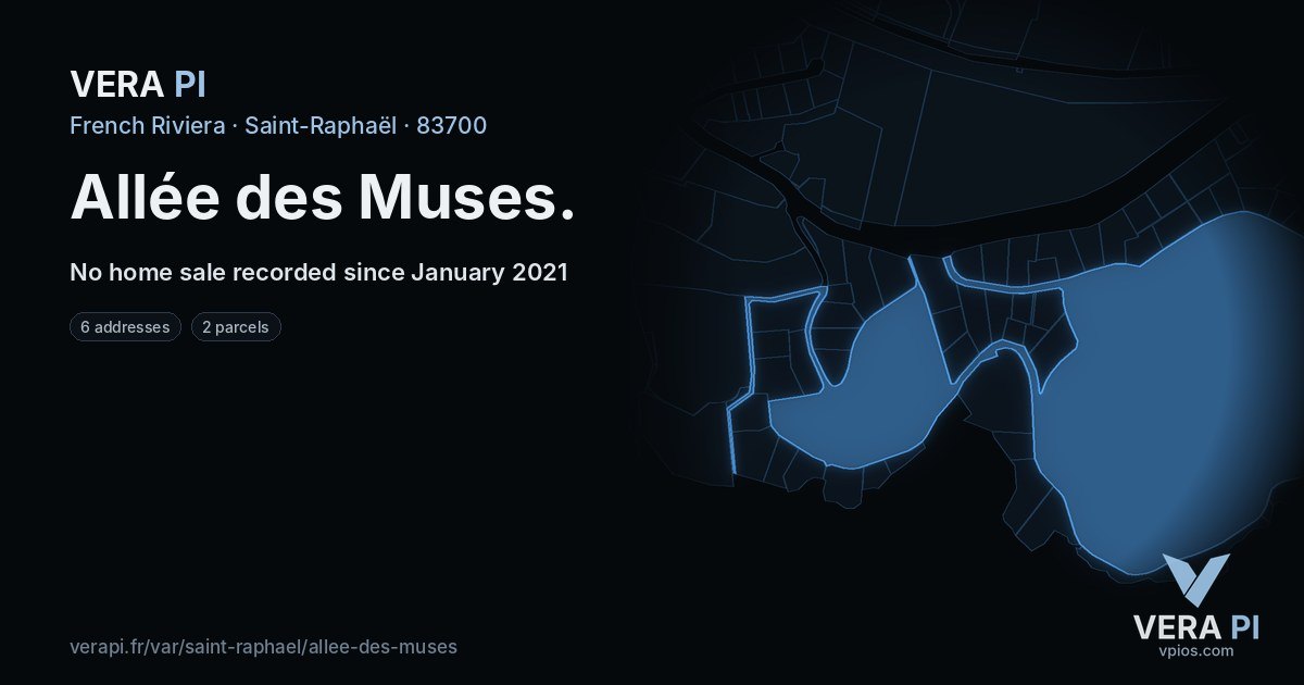 Allée des Muses, Saint-Raphaël at night – every parcel coloured by the prices around it, the street's own parcels lit
