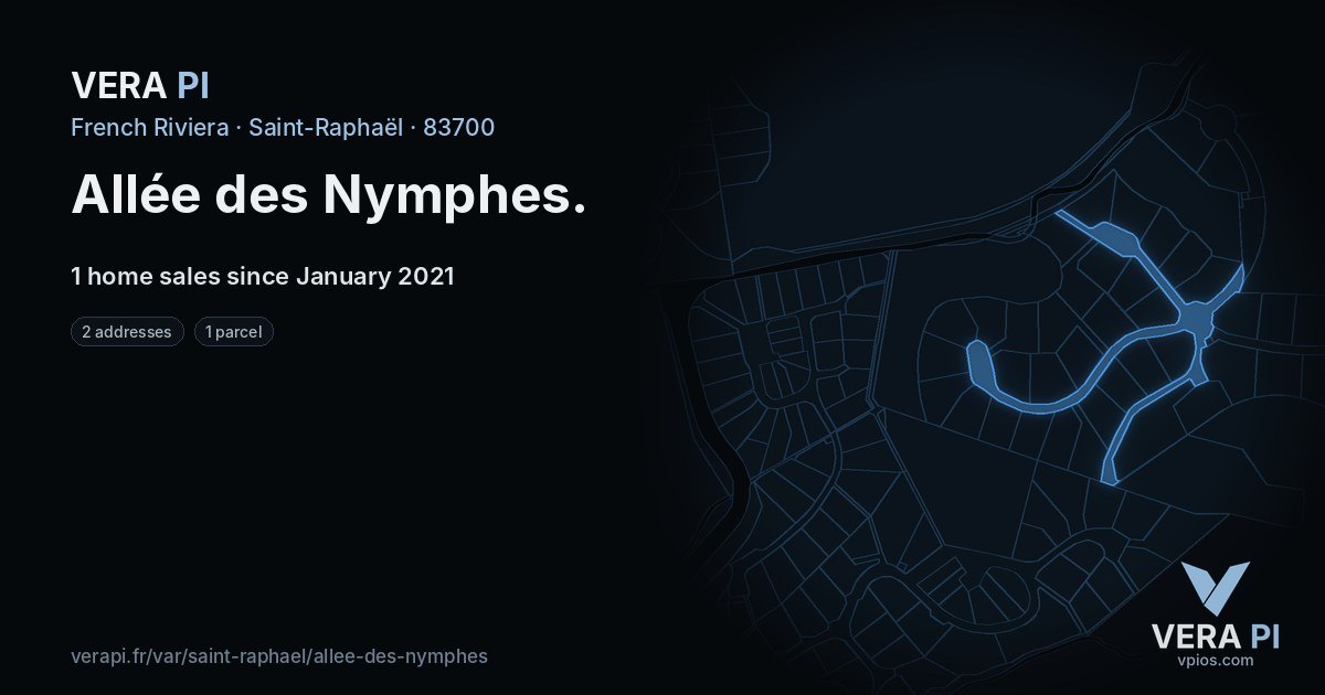 Allée des Nymphes, Saint-Raphaël at night – every parcel coloured by the prices around it, the street's own parcels lit