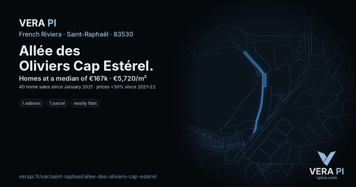 Allée des Oliviers Cap Estérel, Saint-Raphaël at night – every parcel coloured by the prices around it, the street's own parcels lit
