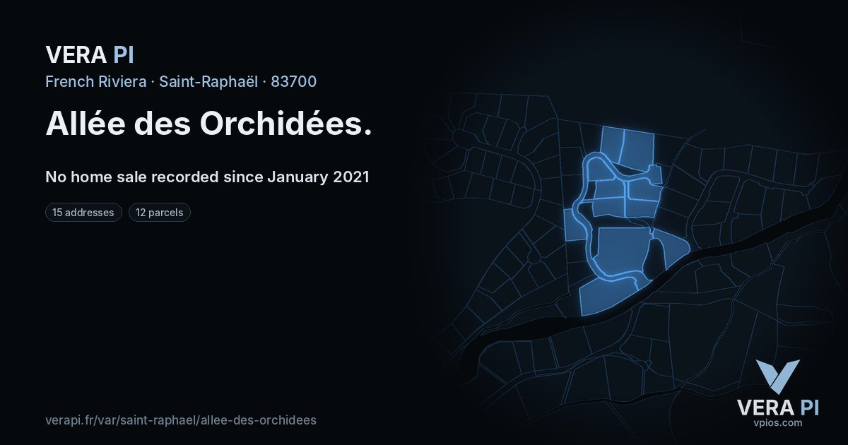 Allée des Orchidées, Saint-Raphaël at night – every parcel coloured by the prices around it, the street's own parcels lit