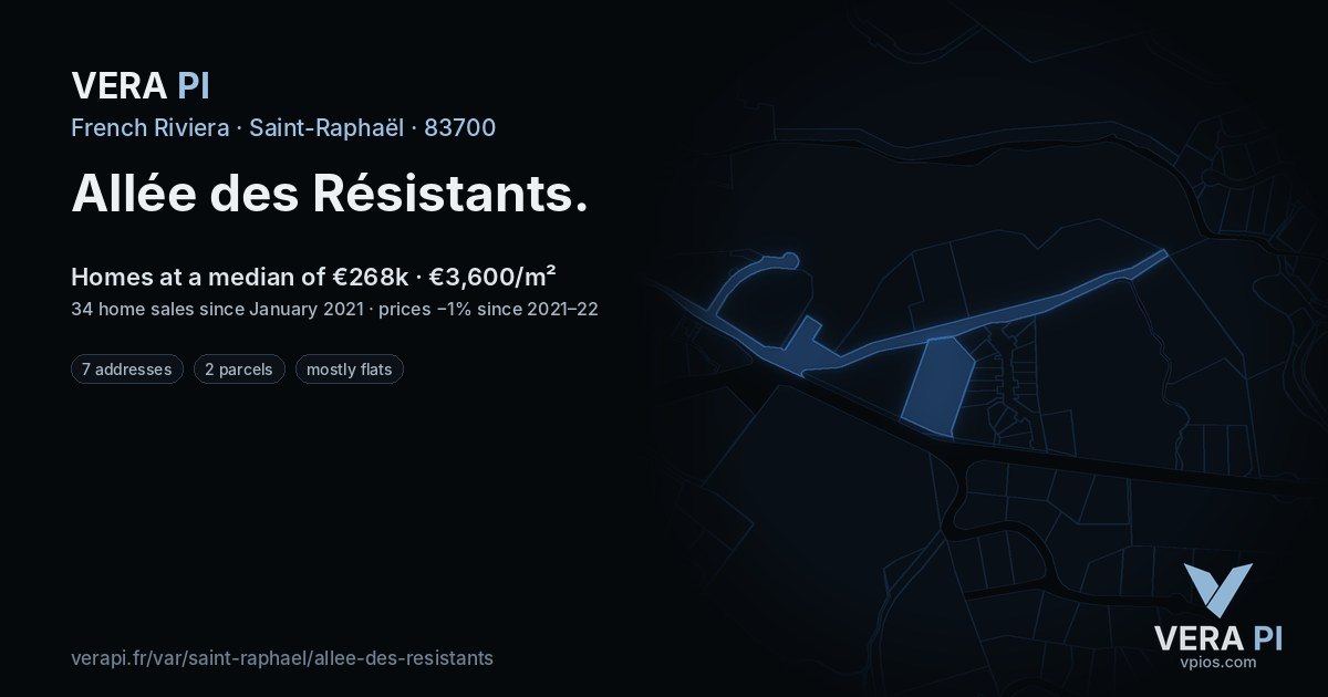 Allée des Résistants, Saint-Raphaël at night – every parcel coloured by the prices around it, the street's own parcels lit