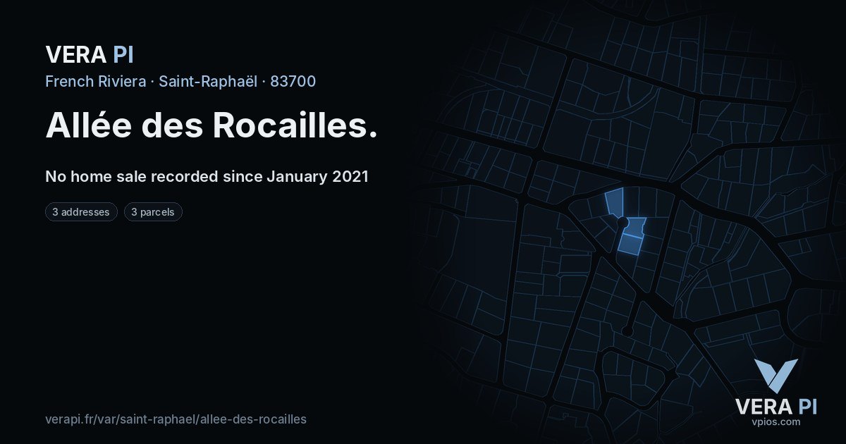 Allée des Rocailles, Saint-Raphaël at night – every parcel coloured by the prices around it, the street's own parcels lit