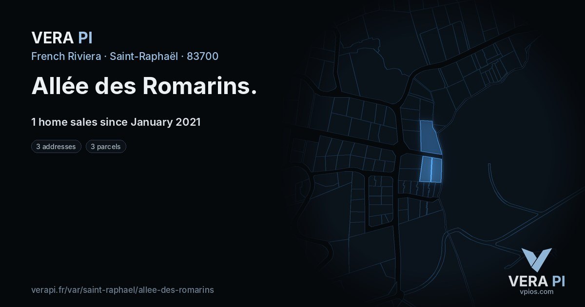 Allée des Romarins, Saint-Raphaël at night – every parcel coloured by the prices around it, the street's own parcels lit