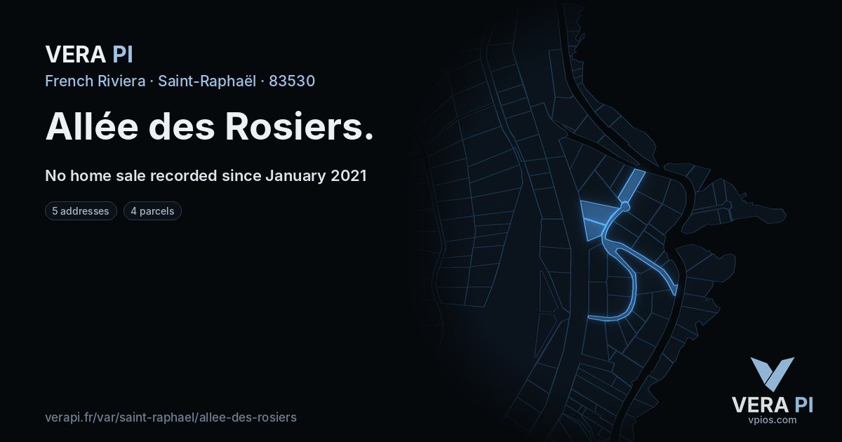 Allée des Rosiers, Saint-Raphaël at night – every parcel coloured by the prices around it, the street's own parcels lit