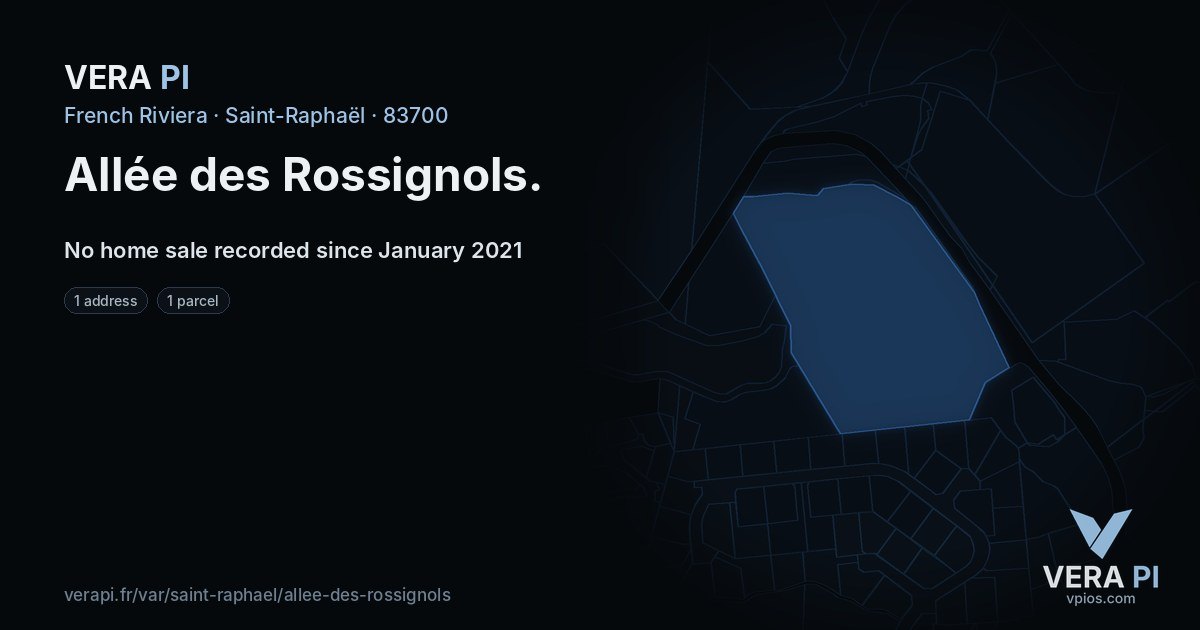 Allée des Rossignols, Saint-Raphaël at night – every parcel coloured by the prices around it, the street's own parcels lit