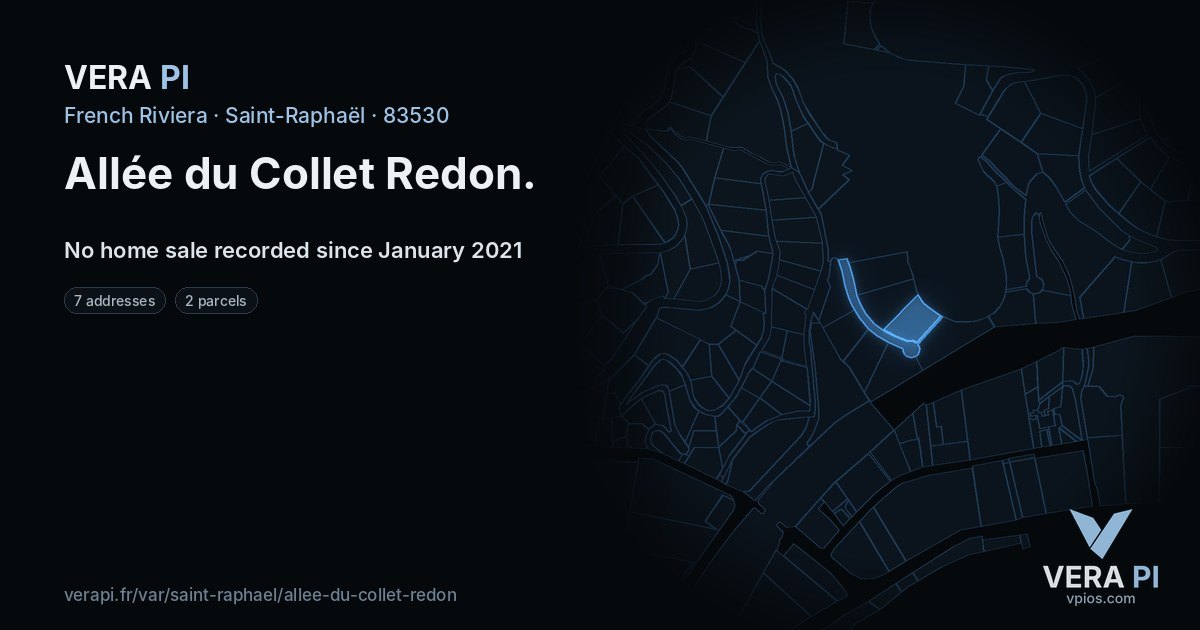 Allée du Collet Redon, Saint-Raphaël at night – every parcel coloured by the prices around it, the street's own parcels lit