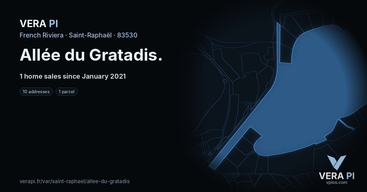Allée du Gratadis, Saint-Raphaël at night – every parcel coloured by the prices around it, the street's own parcels lit
