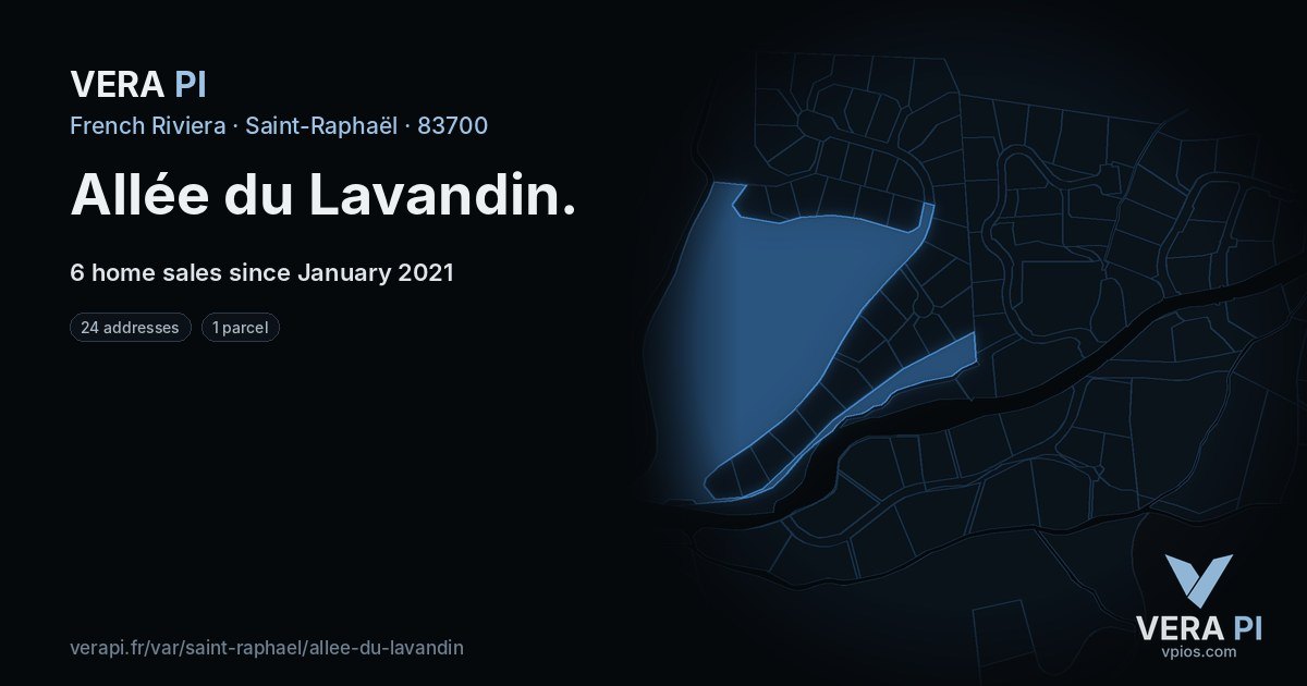 Allée du Lavandin, Saint-Raphaël at night – every parcel coloured by the prices around it, the street's own parcels lit