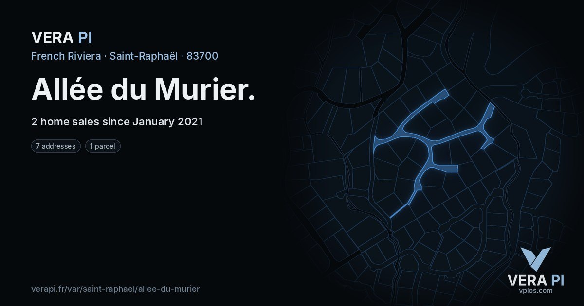 Allée du Murier, Saint-Raphaël at night – every parcel coloured by the prices around it, the street's own parcels lit