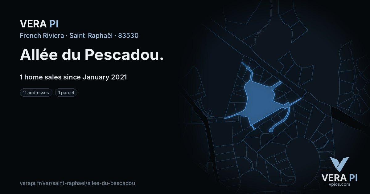 Allée du Pescadou, Saint-Raphaël at night – every parcel coloured by the prices around it, the street's own parcels lit