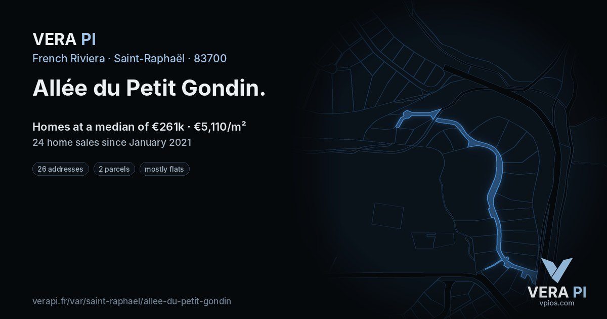 Allée du Petit Gondin, Saint-Raphaël at night – every parcel coloured by the prices around it, the street's own parcels lit