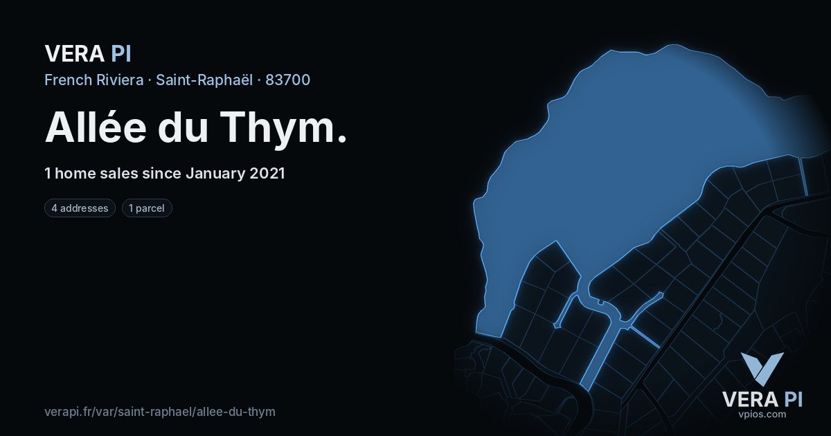 Allée du Thym, Saint-Raphaël at night – every parcel coloured by the prices around it, the street's own parcels lit