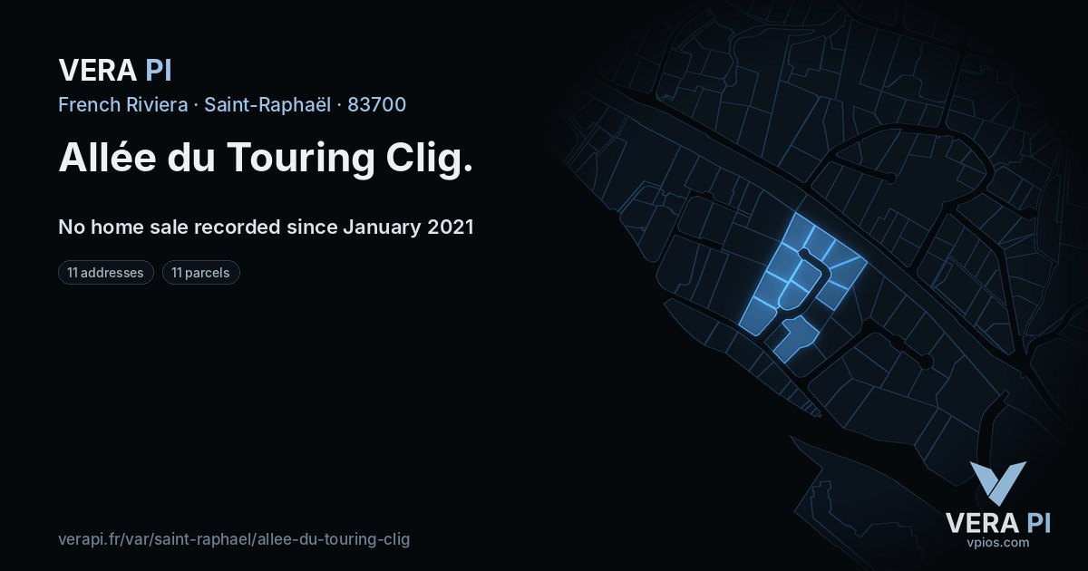Allée du Touring Clig, Saint-Raphaël at night – every parcel coloured by the prices around it, the street's own parcels lit