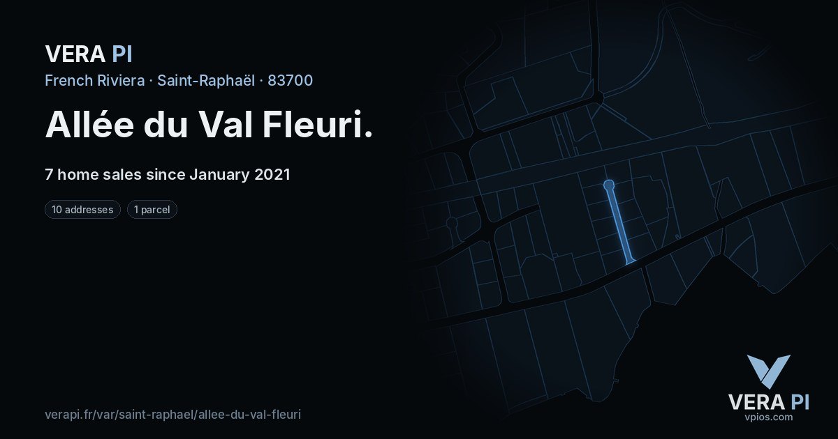 Allée du Val Fleuri, Saint-Raphaël at night – every parcel coloured by the prices around it, the street's own parcels lit