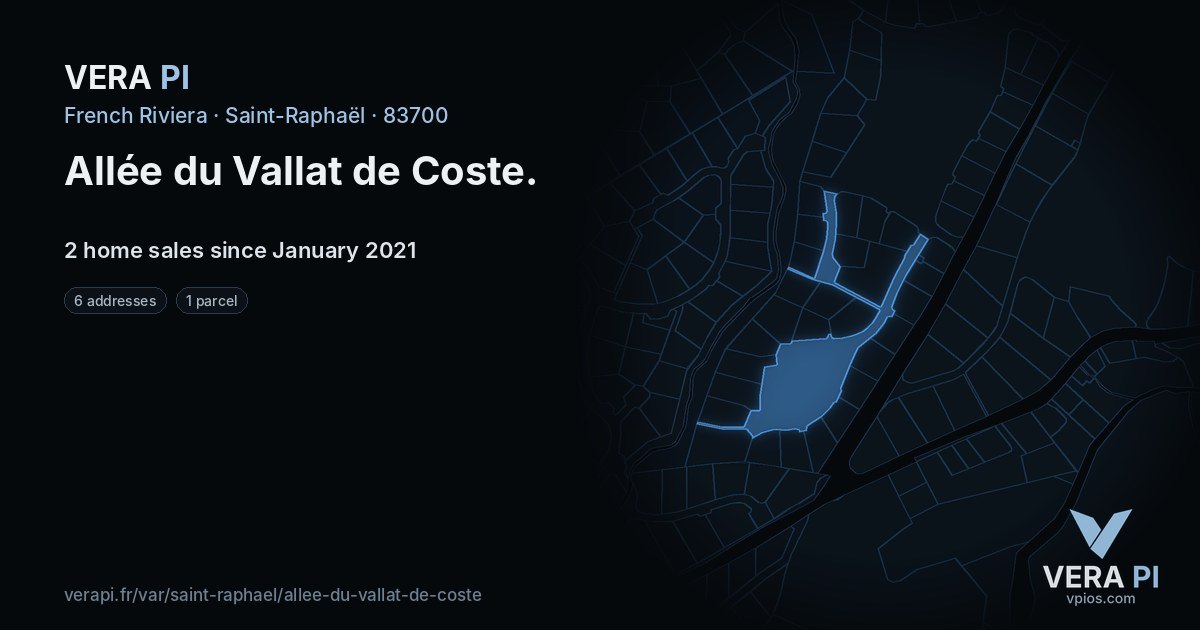 Allée du Vallat de Coste, Saint-Raphaël at night – every parcel coloured by the prices around it, the street's own parcels lit