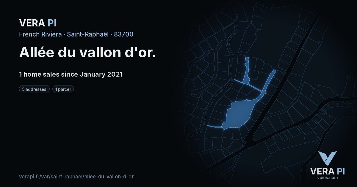 Allée du vallon d'or, Saint-Raphaël at night – every parcel coloured by the prices around it, the street's own parcels lit