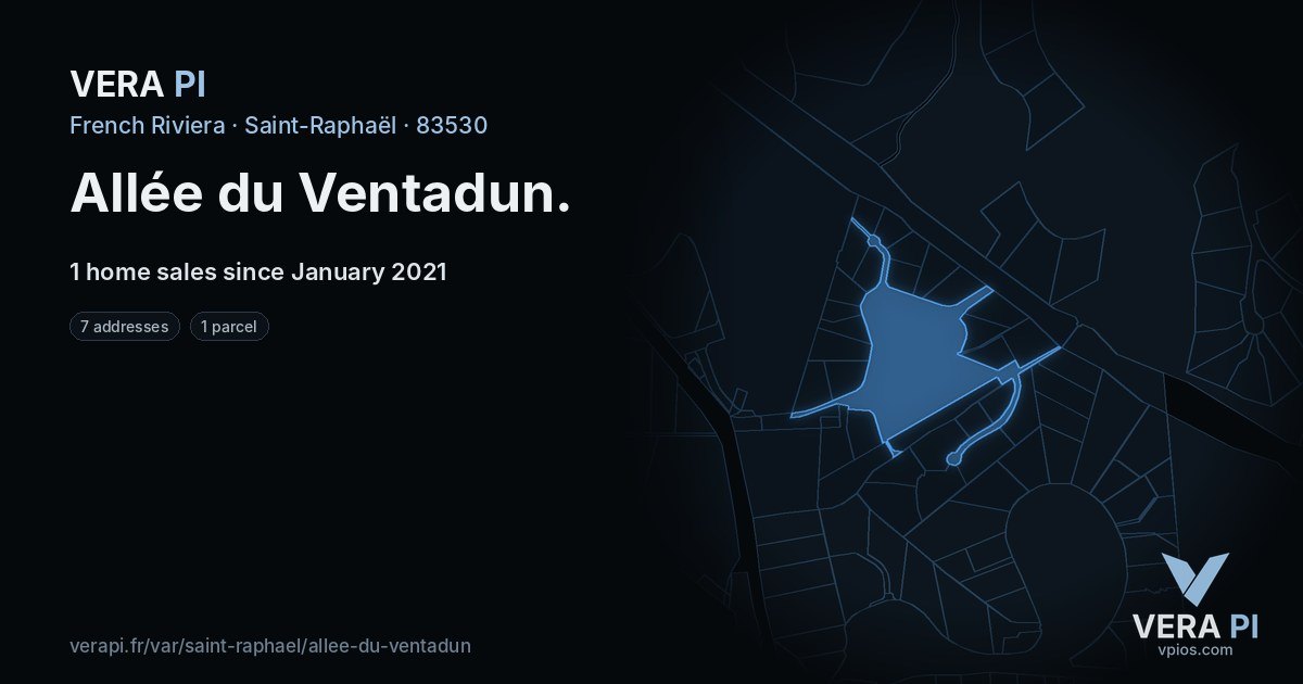 Allée du Ventadun, Saint-Raphaël at night – every parcel coloured by the prices around it, the street's own parcels lit
