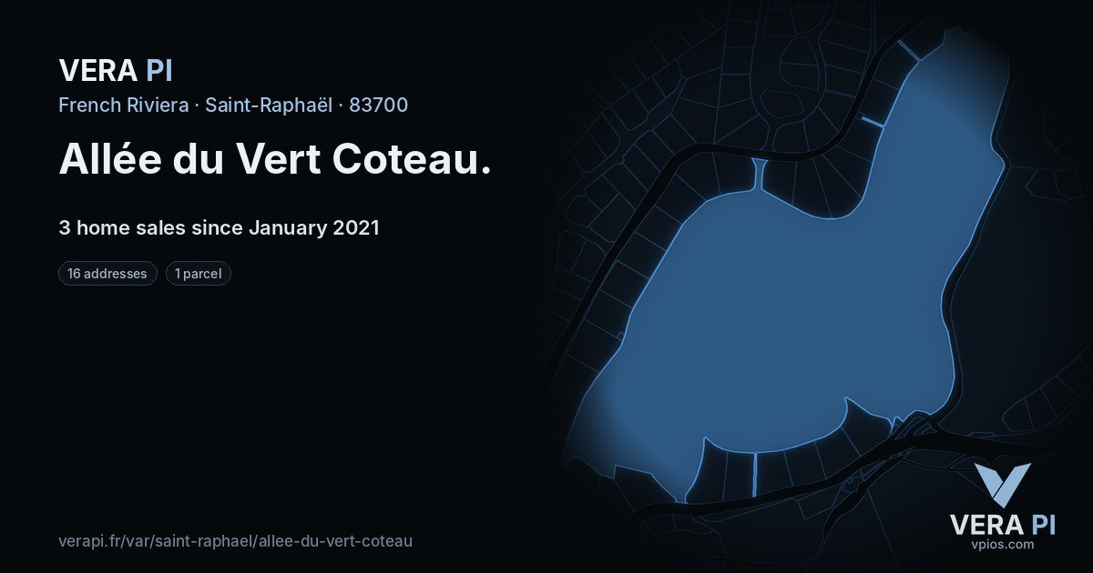 Allée du Vert Coteau, Saint-Raphaël at night – every parcel coloured by the prices around it, the street's own parcels lit