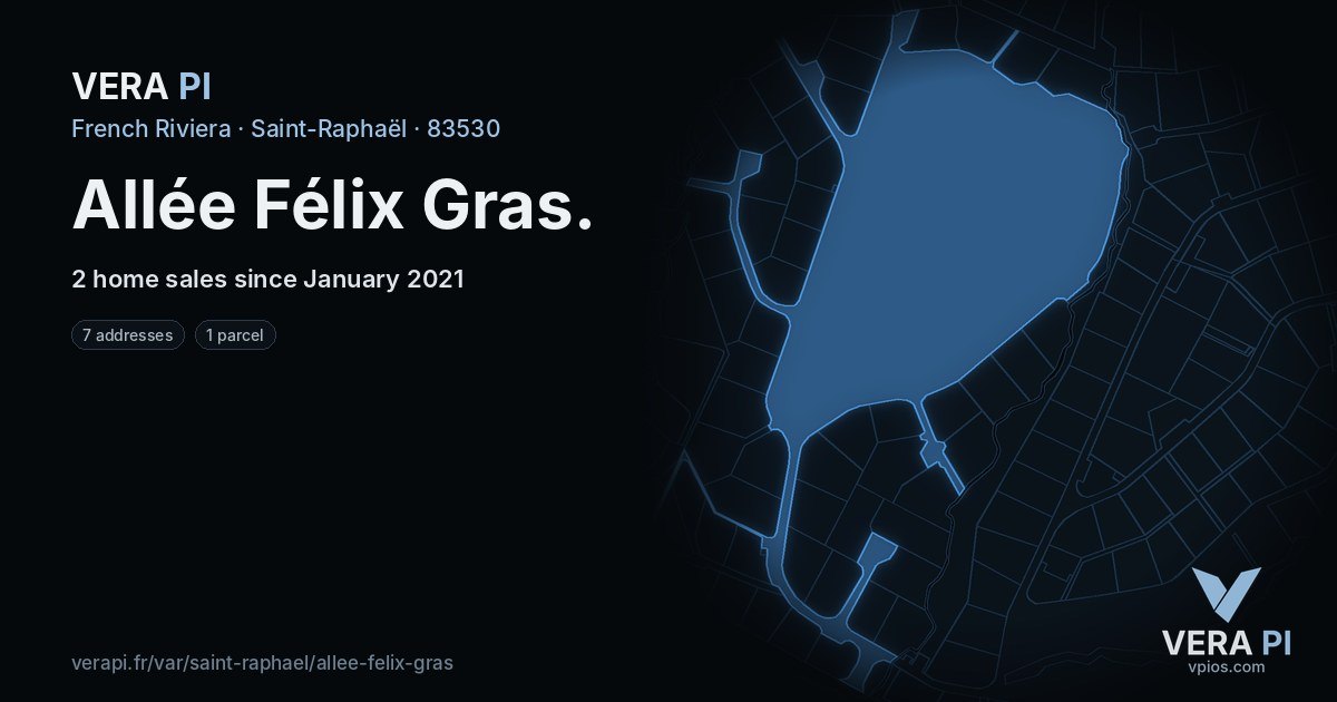 Allée Félix Gras, Saint-Raphaël at night – every parcel coloured by the prices around it, the street's own parcels lit