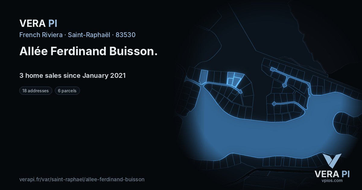 Allée Ferdinand Buisson, Saint-Raphaël at night – every parcel coloured by the prices around it, the street's own parcels lit