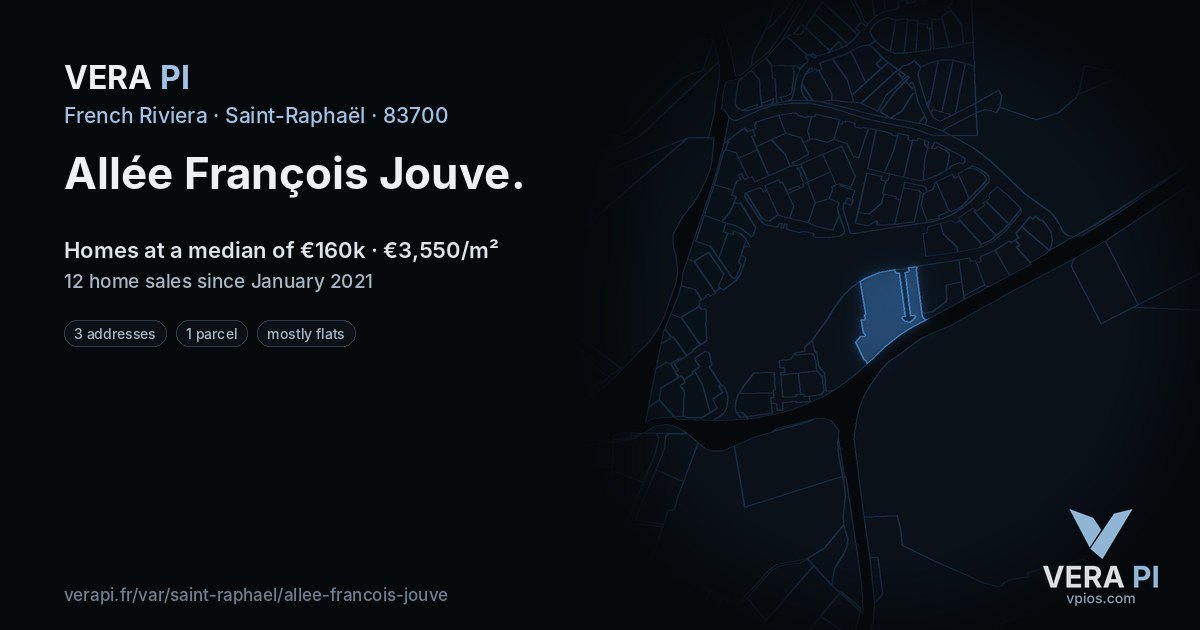Allée François Jouve, Saint-Raphaël at night – every parcel coloured by the prices around it, the street's own parcels lit