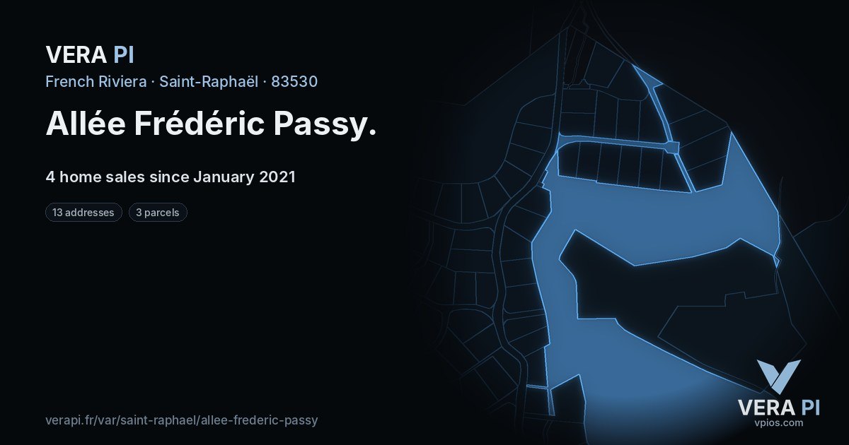 Allée Frédéric Passy, Saint-Raphaël at night – every parcel coloured by the prices around it, the street's own parcels lit