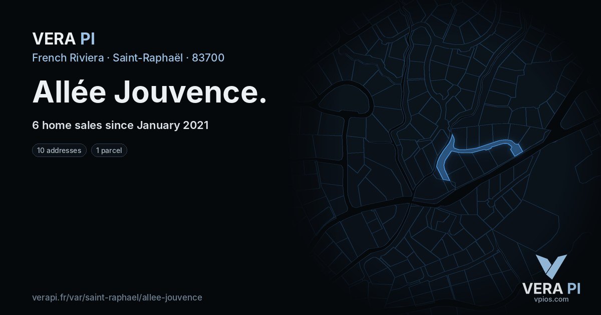Allée Jouvence, Saint-Raphaël at night – every parcel coloured by the prices around it, the street's own parcels lit