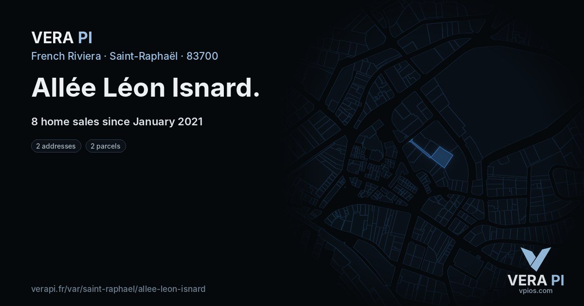 Allée Léon Isnard, Saint-Raphaël at night – every parcel coloured by the prices around it, the street's own parcels lit