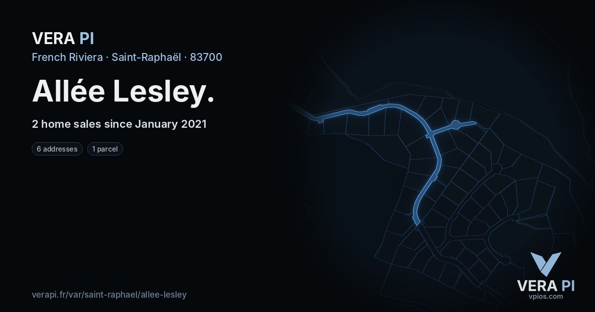Allée Lesley, Saint-Raphaël at night – every parcel coloured by the prices around it, the street's own parcels lit