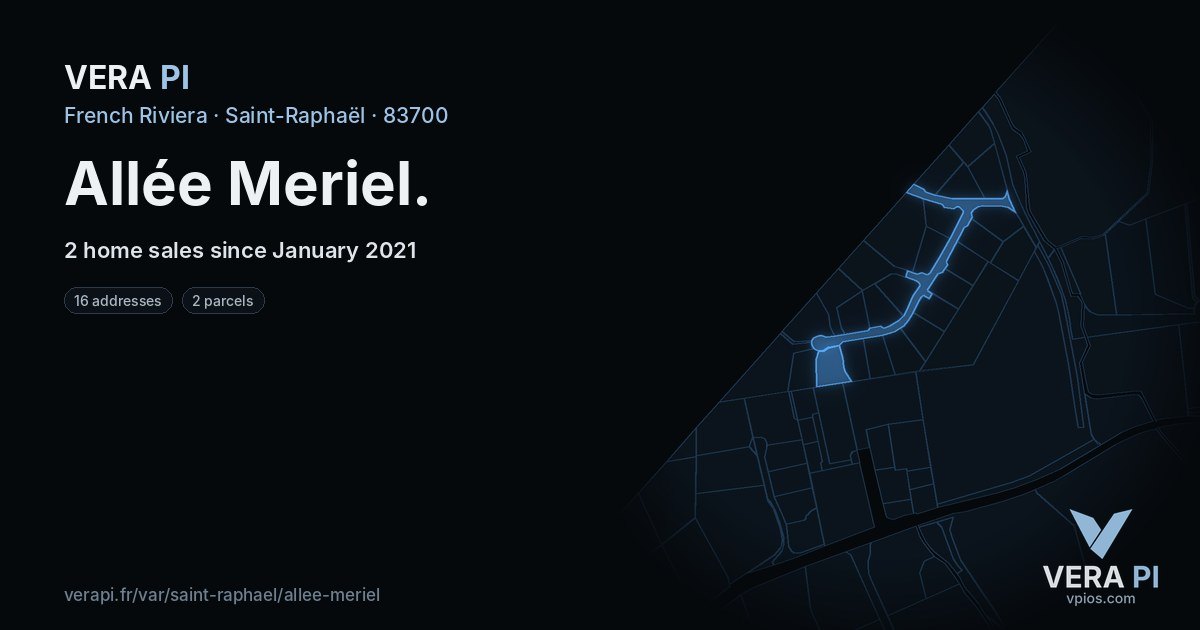 Allée Meriel, Saint-Raphaël at night – every parcel coloured by the prices around it, the street's own parcels lit
