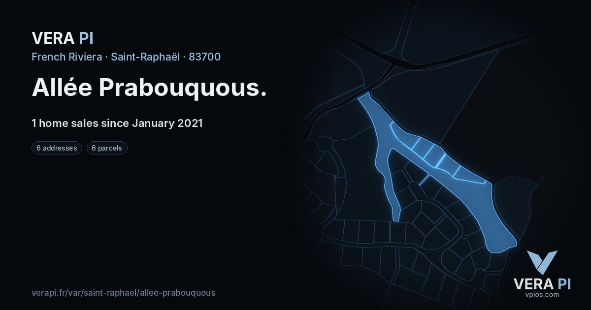 Allée Prabouquous, Saint-Raphaël at night – every parcel coloured by the prices around it, the street's own parcels lit