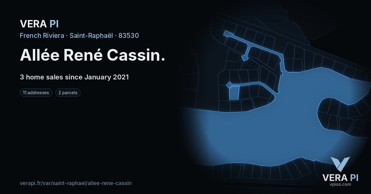Allée René Cassin, Saint-Raphaël at night – every parcel coloured by the prices around it, the street's own parcels lit