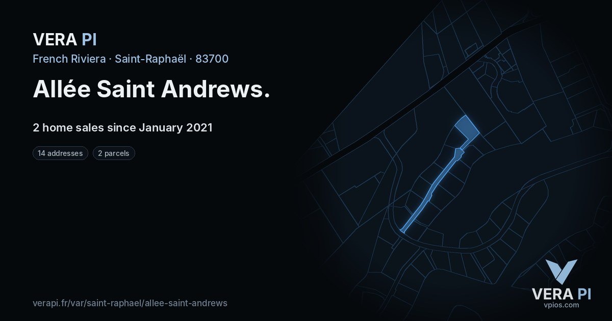 Allée Saint Andrews, Saint-Raphaël at night – every parcel coloured by the prices around it, the street's own parcels lit