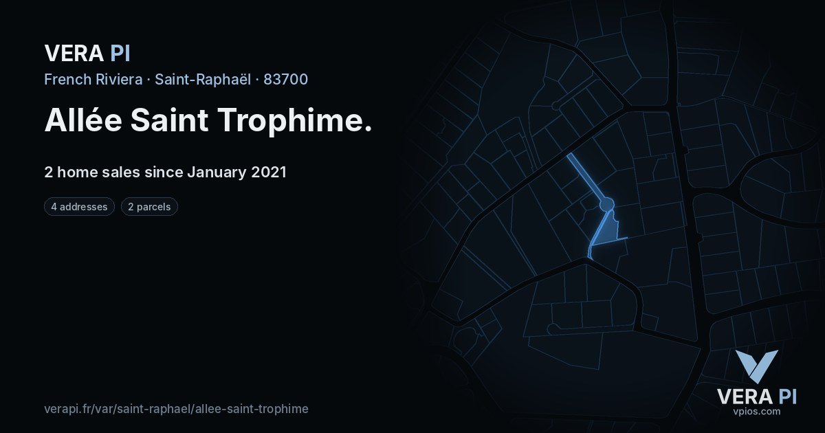 Allée Saint Trophime, Saint-Raphaël at night – every parcel coloured by the prices around it, the street's own parcels lit