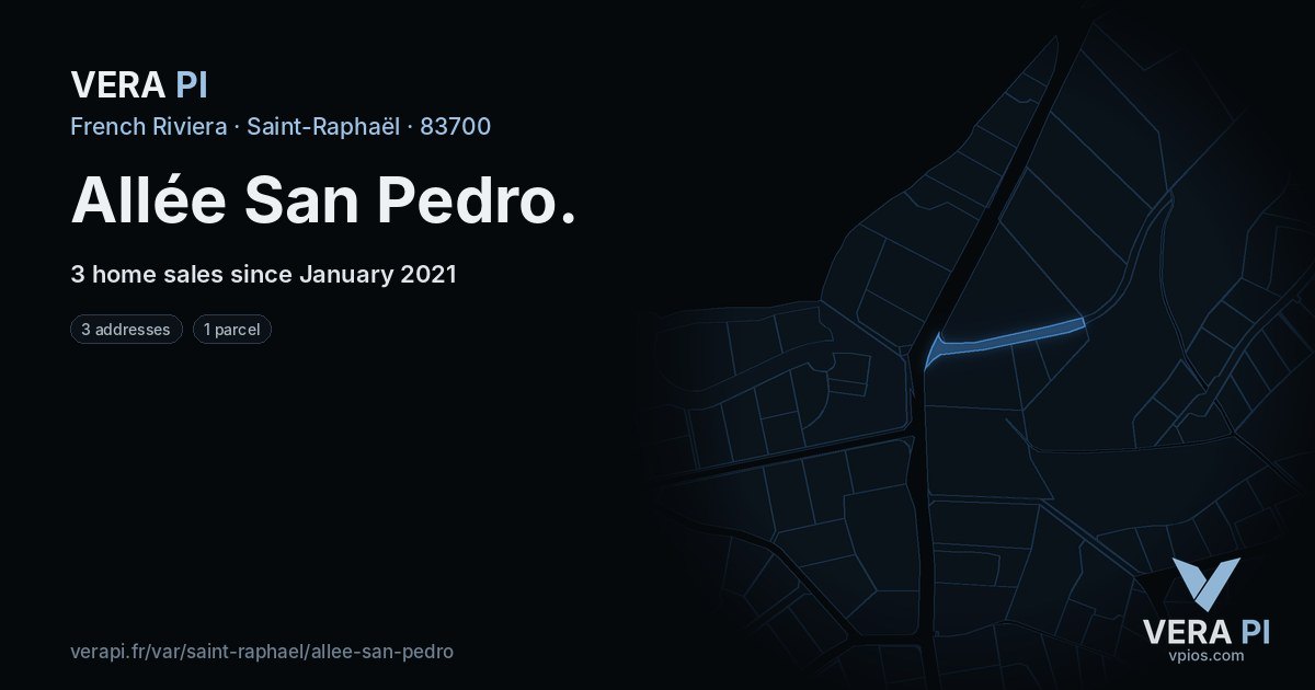 Allée San Pedro, Saint-Raphaël at night – every parcel coloured by the prices around it, the street's own parcels lit