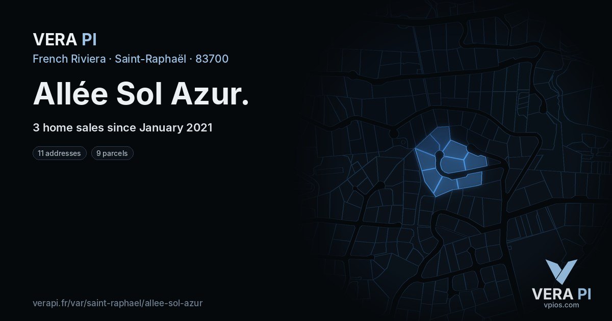Allée Sol Azur, Saint-Raphaël at night – every parcel coloured by the prices around it, the street's own parcels lit
