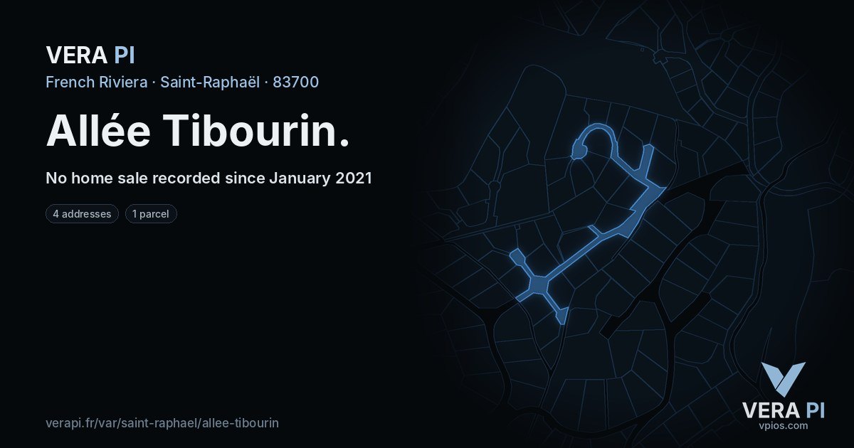 Allée Tibourin, Saint-Raphaël at night – every parcel coloured by the prices around it, the street's own parcels lit