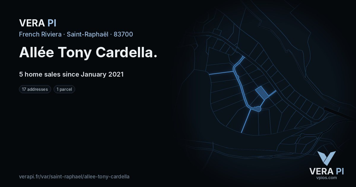 Allée Tony Cardella, Saint-Raphaël at night – every parcel coloured by the prices around it, the street's own parcels lit