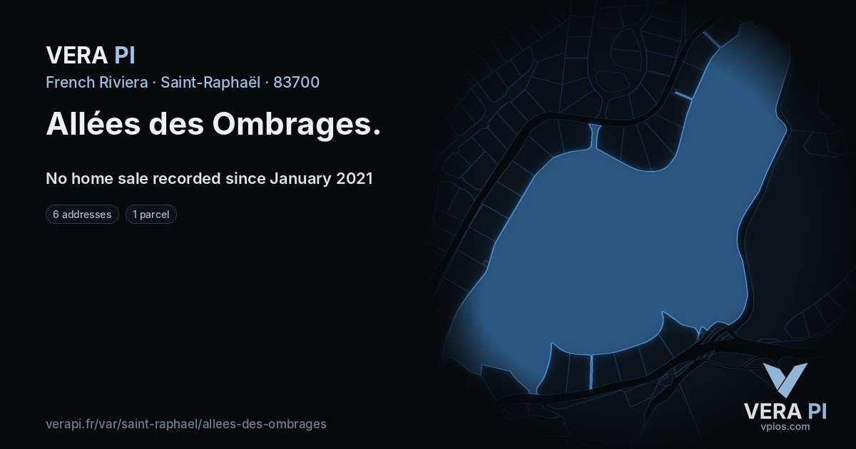 Allées des Ombrages, Saint-Raphaël at night – every parcel coloured by the prices around it, the street's own parcels lit