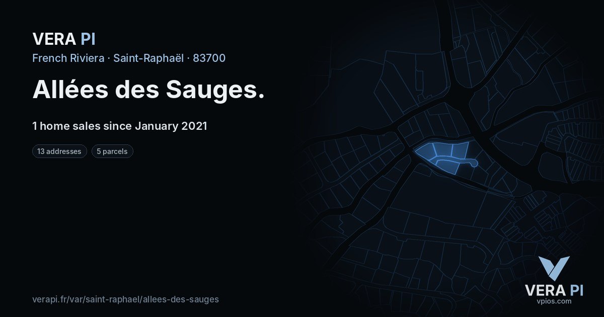 Allées des Sauges, Saint-Raphaël at night – every parcel coloured by the prices around it, the street's own parcels lit