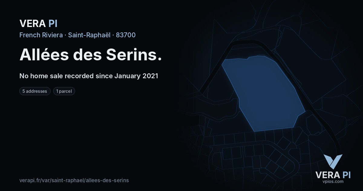 Allées des Serins, Saint-Raphaël at night – every parcel coloured by the prices around it, the street's own parcels lit