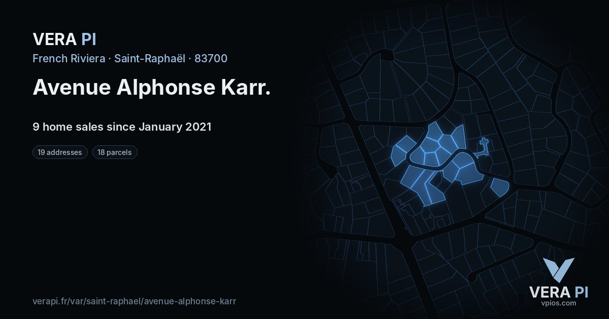Avenue Alphonse Karr, Saint-Raphaël at night – every parcel coloured by the prices around it, the street's own parcels lit