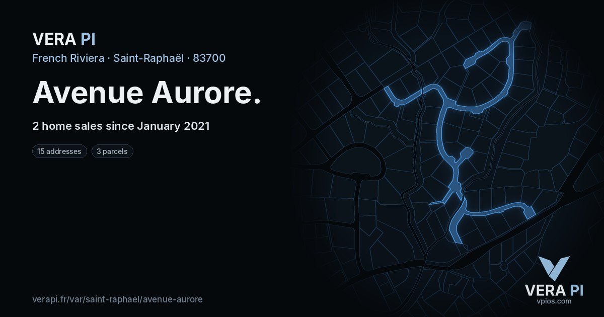 Avenue Aurore, Saint-Raphaël at night – every parcel coloured by the prices around it, the street's own parcels lit