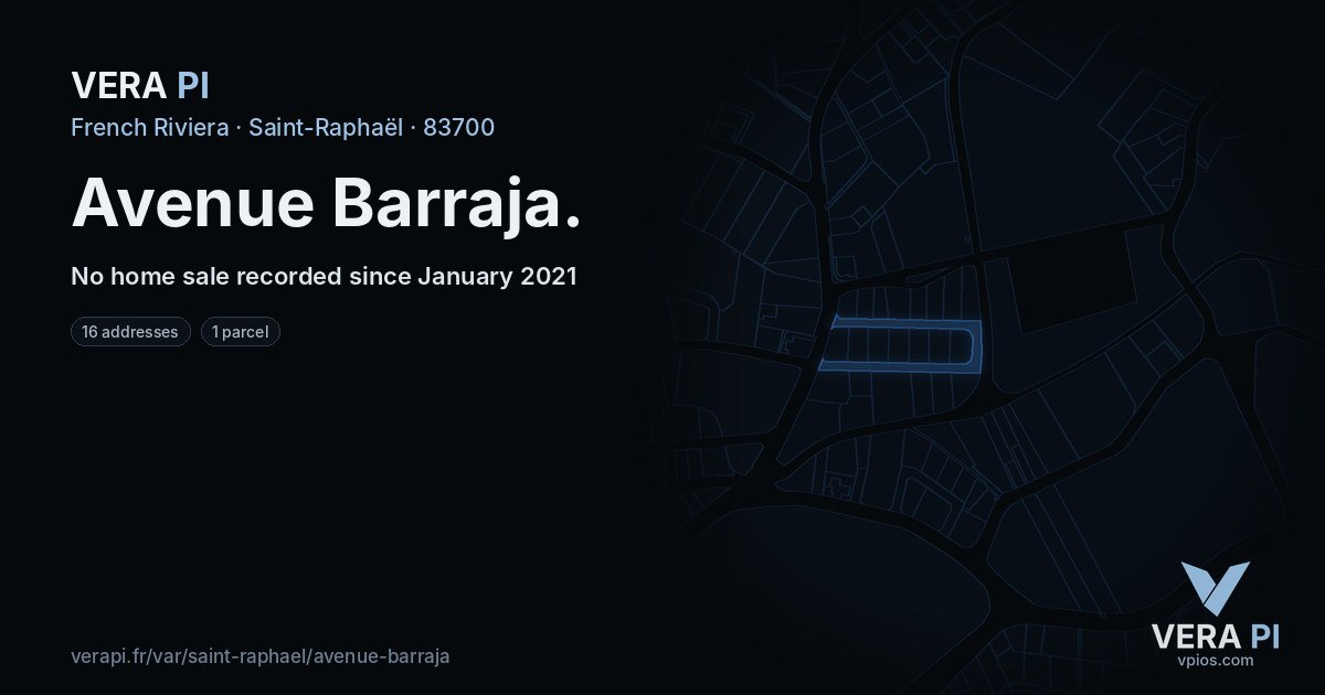 Avenue Barraja, Saint-Raphaël at night – every parcel coloured by the prices around it, the street's own parcels lit